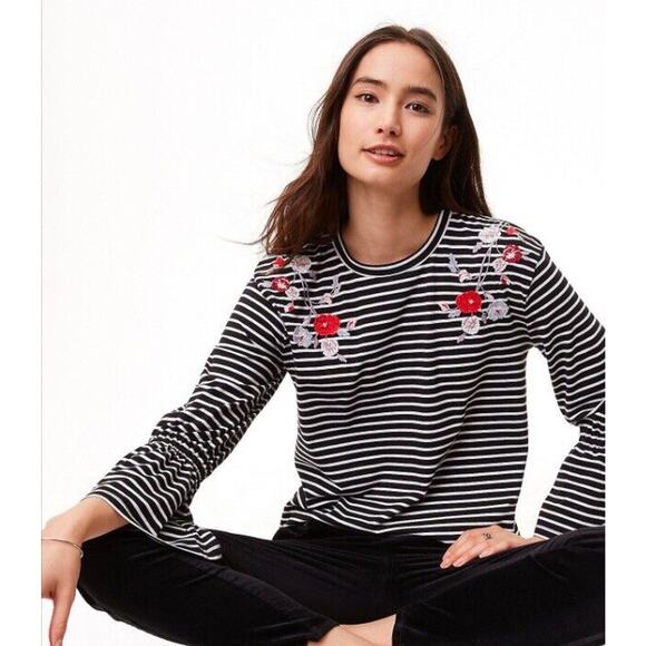 LOFT Floral Embroidered Striped Top Black White Bell Sleeve Womens Medium - Picture 10 of 12